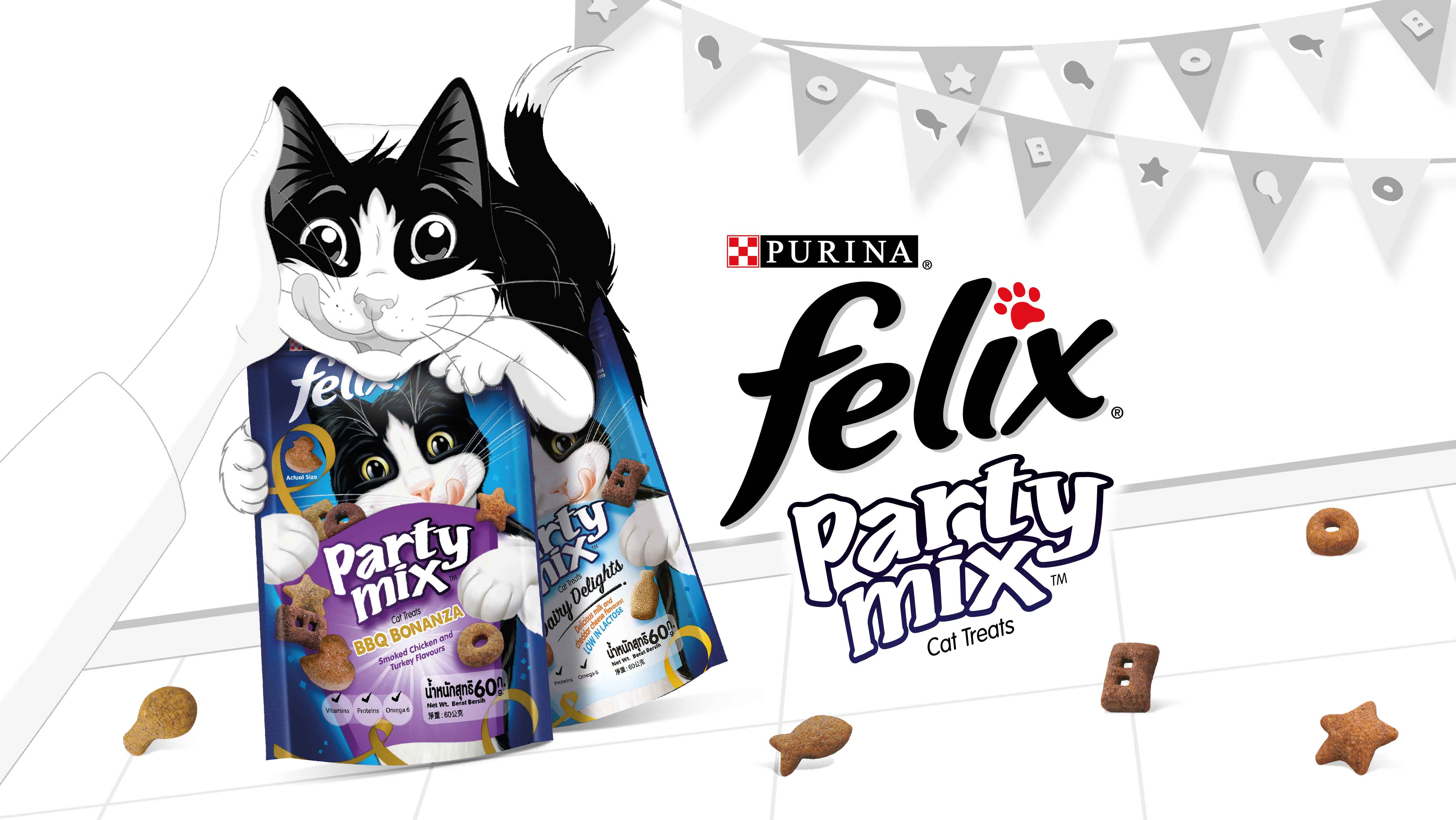 Felix the cat hugging 2 Felix Party Mix products on a white comical background
