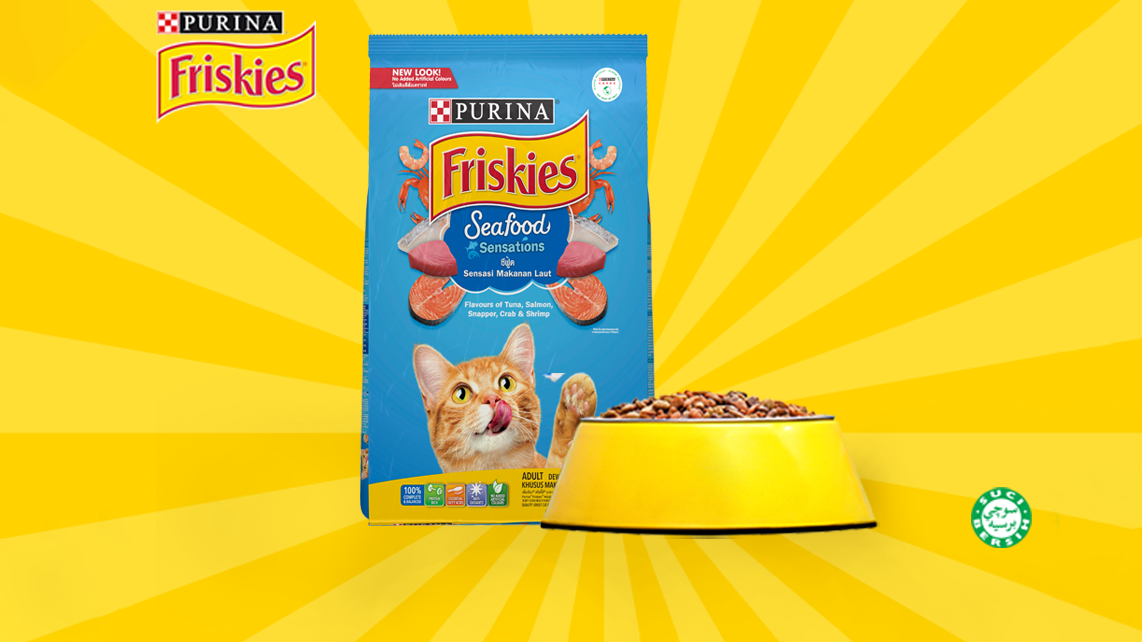 Friskies Seafood Sensations with yellow cat bowl.