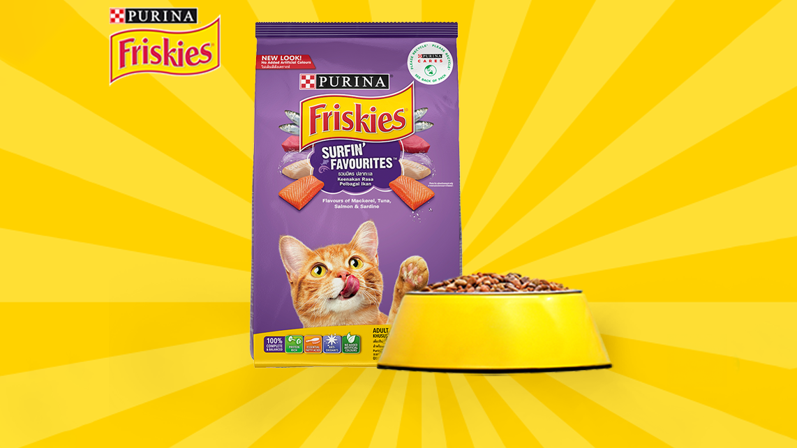 Friskies Seafood Sensations with yellow cat bowl.