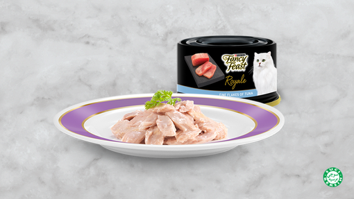 FANCY FEAST Royale Virgin Tuna wet cat food on a plate