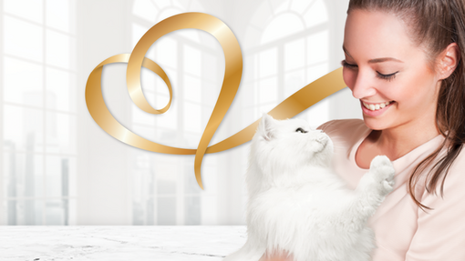 FANCY FEAST logo with white persian cat and owner