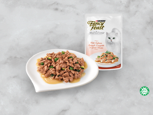 FANCY FEAST® products and wet cat food on white plate